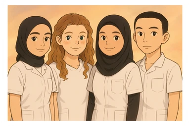 Illustrate four nursing students standing side by side in a warm atmosphere, wearing short-sleeved white uniforms without undershirts or stethoscopes, inspired by the four provided faces, in Ghibli style. sticker