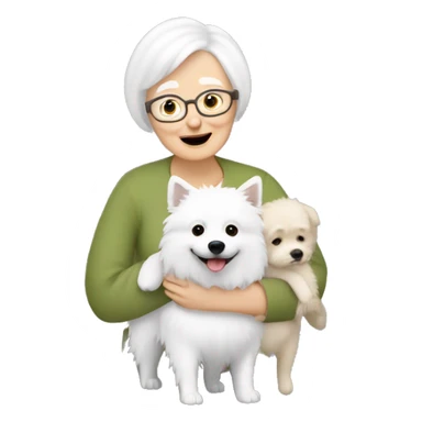 grandma with blonde short hair hugs a white spitz dog sticker