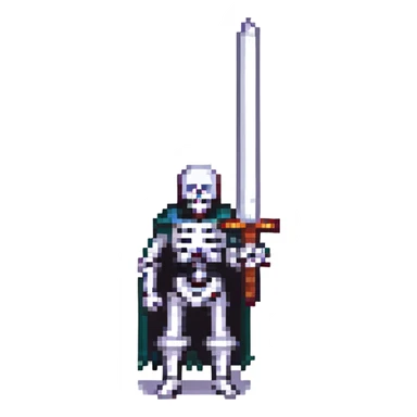 pixel art skeleton with a large sword, retro game style sticker