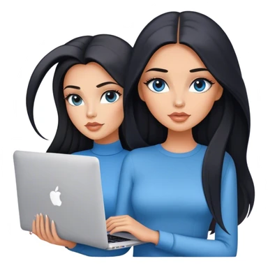 Glamours tanned very beautiful girl with pump peach nude lips and black straight smooth long hair, blue-grey eyes in beautiful clothing stading with MacBook sticker