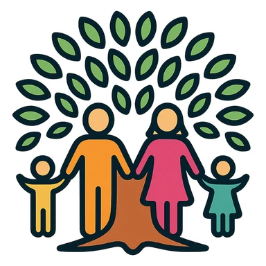 a family holding hands, their bodies blending into a tree trunk with leafy branches above, modern icon style sticker