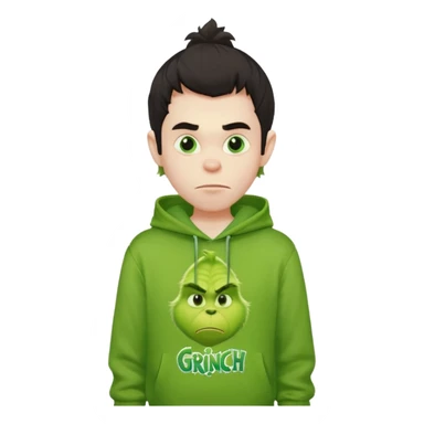 Create an avatar of white European with dark hair  male in hoodie with ``BST`` letters on it. Make background to look like from movie Grinch sticker
