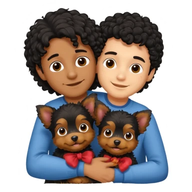 Young man with little brown skin, black curly hair, cheerful dark brown eyes, hugging two yorkie of long hair  sticker
