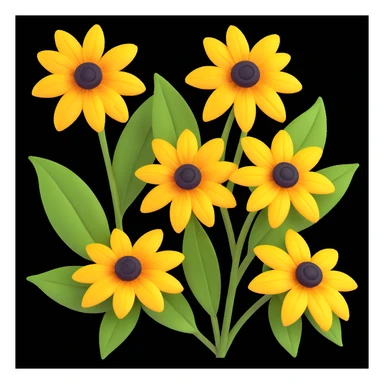 three yellow rudbeckia flowers with green leaves, 3D iOS style, glossy petals, white background sticker