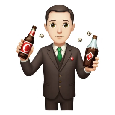 writer Lovecraft holding a bottle of cola and throwing dice, emoji style sticker