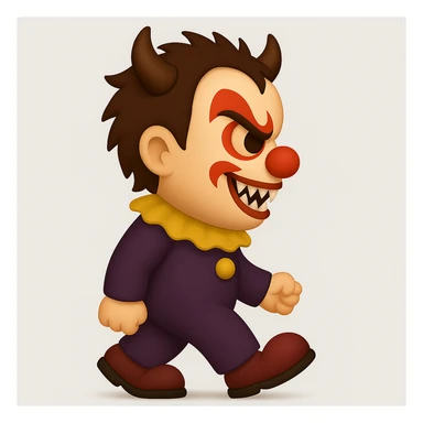 Create an emoji art style full body illustration of a child demonic clown with horns and fangs, facing to the left. Maintain the spirit and expression of the original character shown in the reference image. sticker