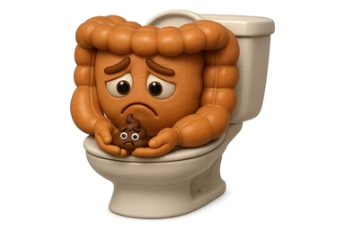 emoji stile iphone di un intestino realistico 3d che esce dal wc con in mano una montagnetta di feci con espressione triste a palline, iperrealistico 4k sticker