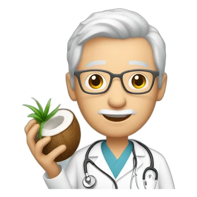 a middgle aged doctor,white and grey short hair, holding a coconut on his hand sticker