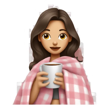 cute brunette girl wrapped in pastel pink plaid blanket drinking coffee sticker