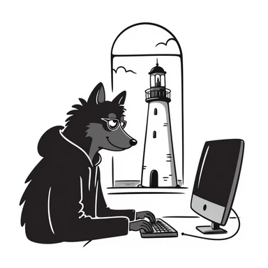 a wolf coding a lighthouse, hand drawn doodle style sticker