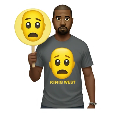 Kanye west holds a yellow sign with tshirt sticker