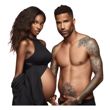 Photo of a Victoria secret model pregnant Standing next to a tattooed male model  sticker