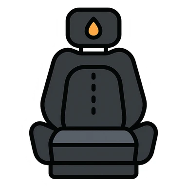 luxury car seat in matte black with a small droplet or shield on the headrest, elegant stitching, minimalist lines, modern and clean style icon sticker