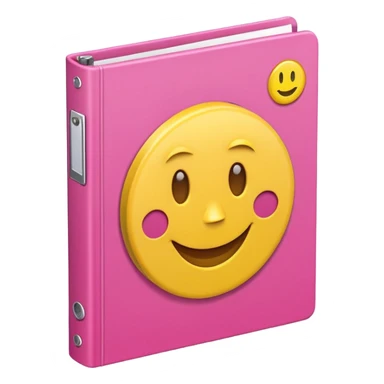 libreta de anillos rosada en perspectiva isometrica con sticker de carita feliz amarilla, con aspecto de emoji de apple sticker