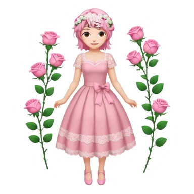 pastel anime woman with pink and white lace dress full body and roses in hair sticker