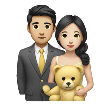 Young Rich Asian couple with a pale yellow teddybear sticker