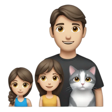 a family of a white man with dark hair and brown eyes, a girl with light brown hair and blue eyes, two gray and black-and-white cats sticker