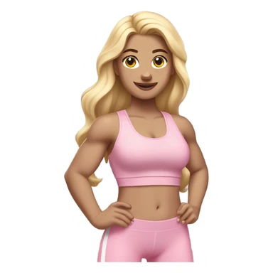 White woman, light skin, long hair, blonde hair, wavy hair, baby pink sports bra, baby pink leggings, flexing one arm sticker