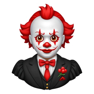 Crea un payaso con cara blanca sin pelo con cuernos negros y un traje rojo con negro sticker