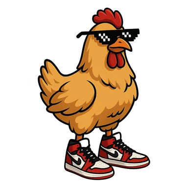 a chicken wearing Air Jordan 1 sneakers and 'deal with it' pixel sunglasses, cool and stylish, no background sticker