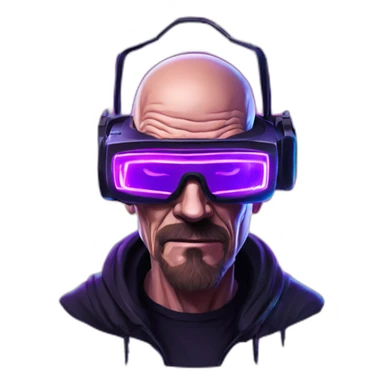 Walter White wearing a black hoodie with "OMG" letters on it and VR headset in a cyberpunk VR environment with violet neon lighting. sticker