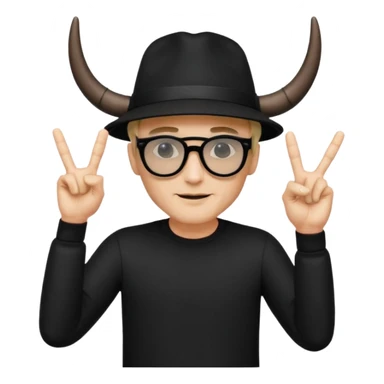 man dressed in black with dark glasses black Lens and a black hat making the horns gesture with both fingers hands sticker