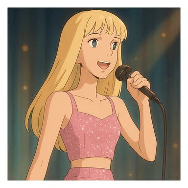 Pretty and thin tall Blonde pop star with bangs singing onstage, wearing a sparkly pink outfit   sticker