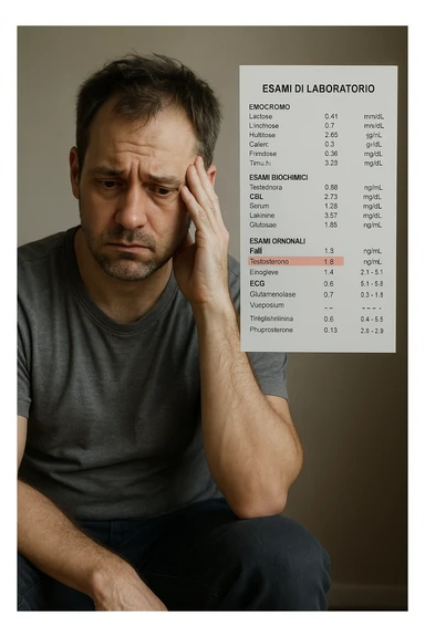 Un uomo caucasico di 35-45 anni, in CGI fotorealistico, che mostra i segni fisici ed emotivi di un basso livello di testosterone. aggiungere un referto medico semi-trasparente fluttuante accanto a lui, con valori di testosterone evidenziati in rosso. in italiano sticker