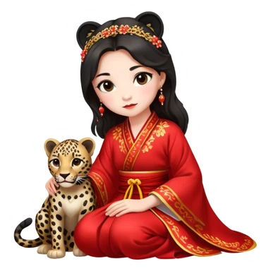A beautiful girl in red Hanfu wedding dress sits on the ground holding a black leopard sticker