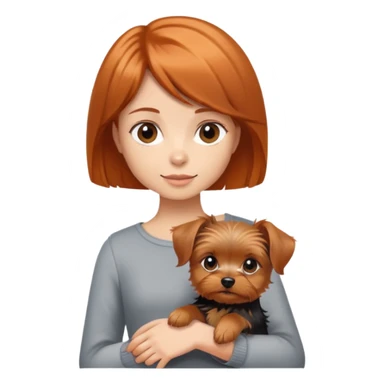 A girl with shoulder-length orange-brown hair holding a short-haired Yorkshire terrier. sticker