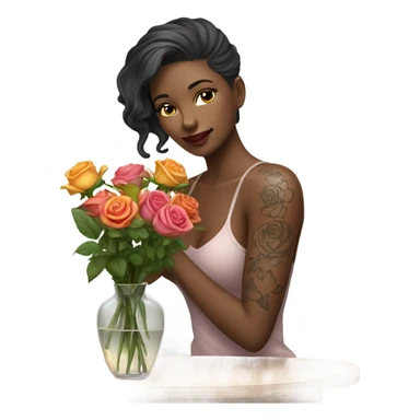 Hyper Realistic beautiful woman model with a small rose tattoo arranging flowers in a vase sticker