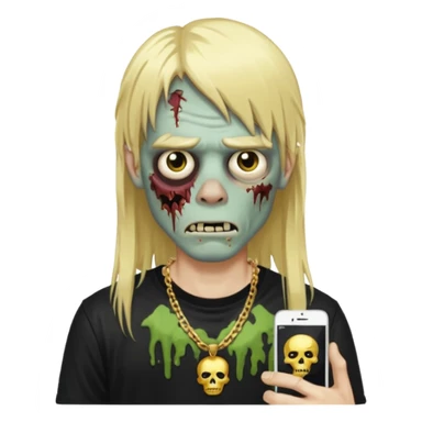 make a iphone emoji who is a zombie man with long blonde hair with bangs, with a black punk shirt and a golden neckless sticker