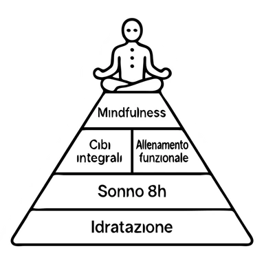 Piramide della salute in stile minimalista con livelli e icone semplici, testi in italiano. Base Sonno 8h e Idratazione, centro Cibi integrali e Allenamento funzionale, cima Mindfulness e Connessione sociale. Figura stilizzata che medita in cima, corpo con punti luminosi per neurotrasmettitori e flora intestinale. sticker