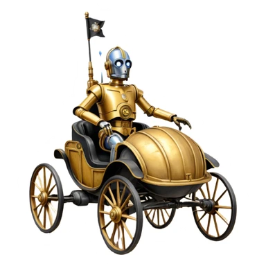 Action in Old American West tarnished C-3PO bounty policeman in 1864 delicately ornate rosegold accents painted buggy powered by electric motors and batteries with safety features and belts flying rapidly across rough dusty terrain stable on strong agile suspension and steering  sticker