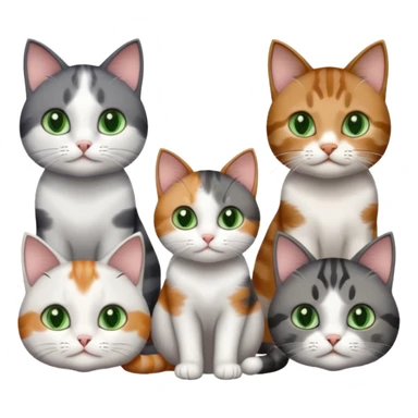 4 different coloured small cats including a dark grey and white, and a patchy calico, and a brown tabby and white,  and a completely solid dark grey with green eyes and only white paws sticker