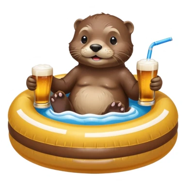an otter sitting in an inflatable pool filled up with beer who is sipping directly from the pool made of beer with a little straw sticker