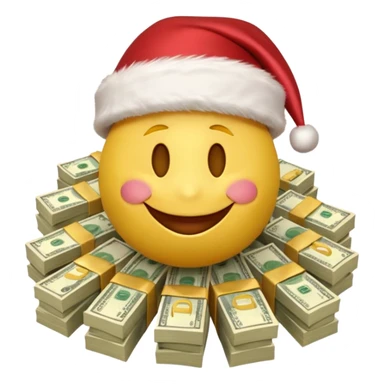 A festive 3D emoji style yellow smiley face wearing a Santa hat, surrounded by stacks of cash and dollar bills, joyful expression, Christmas and New Year theme, high quality, clean design, studio lighting, no text, no background, isolated object, transparent background, emojis.com style sticker