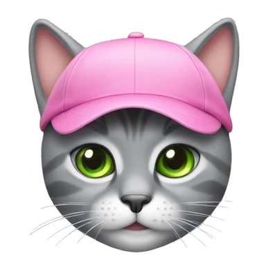 a gray cat with green eyes wearing a pink cap sticker