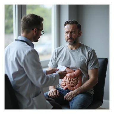 realistic 28-year-old man consulting a doctor for gastrointestinal symptoms, receiving prescription for tests, clinical environment sticker