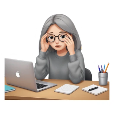 female tired blogger with a laptop, rubbing eyes, oversized sweater, cluttered desk, late night vibe sticker