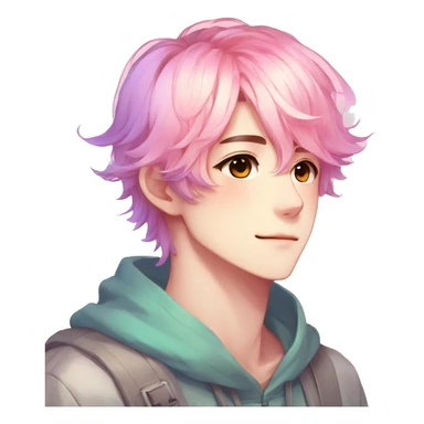 Gorgeous anime style shojo guy with blushing face aesthetic and pretty colorful shiny gradient pastel hair trending style sticker