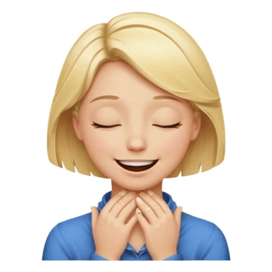 Happy blonde girl with eyes closed and mouth smiling and hands cupped around her neck - her eyes are squinty with excitment sticker