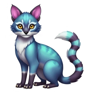 Colorful dark tropical white iridescent glorious divine exotic cute cool beautiful shiny beautiful fantasy-caracal-civet-genet-sergal-vernid-Cacomistle-oncilla-animal-Fakémon-hybrid-fursona (full body) sticker