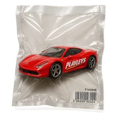 red Ferrari in Hot Wheels packaging, 'PLAVLEYS' written on the side in dynamic racing font, glossy, vacuum-sealed style sticker