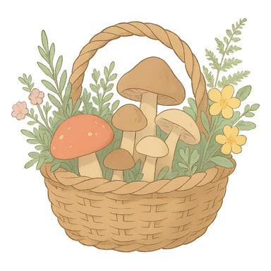 basket full of forest goodies including mushrooms, herbs, flowers in soft pastel colors, soft Ghibli style sticker
