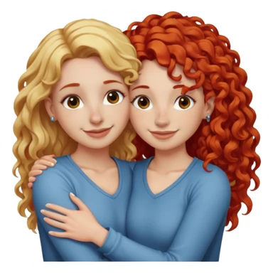 A woman with straight blonde hair and a nose piercing and a woman with curly red hair and a nose piercing are hugging and smiling together. sticker