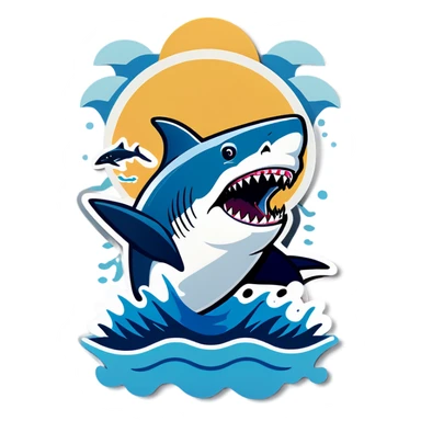 Shark swimming by a boat, and sticking its head out of the water.  sticker