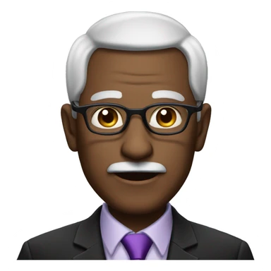 old man with barely any hair wearing a black suit with a purple tie and glasses sticker