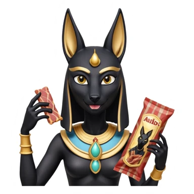  Friendly Short-eared Black fur beautiful female alien anubis statue posed biting on store-brand bacon packaging  sticker