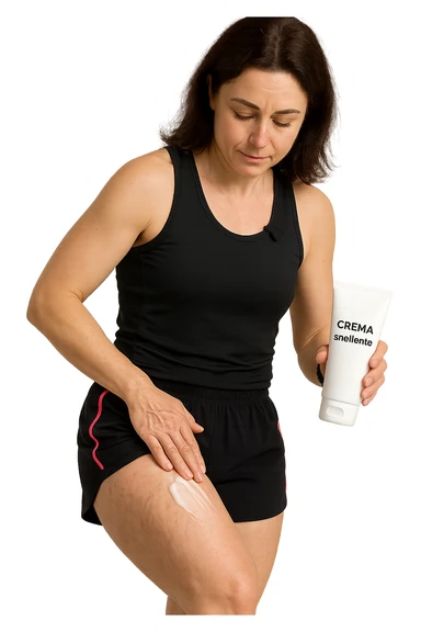 Donna con cellulite sulle cosce che usa una crema chiamata "Crema snellente" senza mano in alto sticker